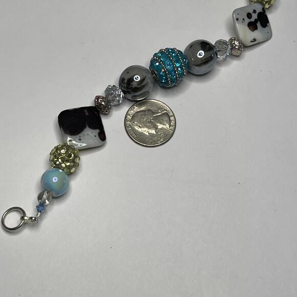 bracelet chunky beaded silver tone with turquoise blue toggle clasp artisan poss - Picture 6 of 16